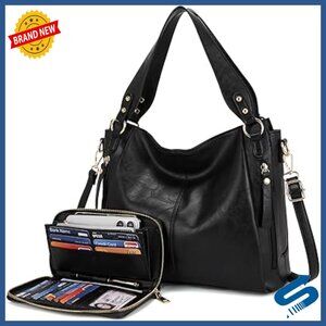 Large Vegan Leather Hobo Tote with Adjustable Crossbody Strap & Wallet Set